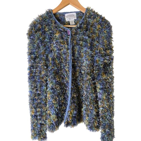 Vintage SIDE EFFECTS Blue Green Fuzzy Open Front Shaggy Cardigan SZ M - Picture 1 of 8